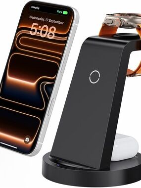 3-in-1 Black Wireless Charging Dock for Phone, Watch & Earbuds